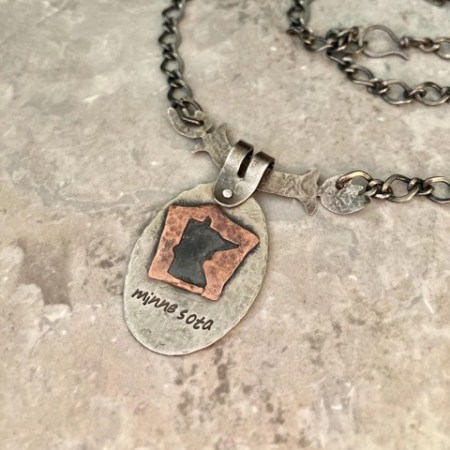 Handcrafted personalized Minnesota state necklace with sterling silver and copper pendant